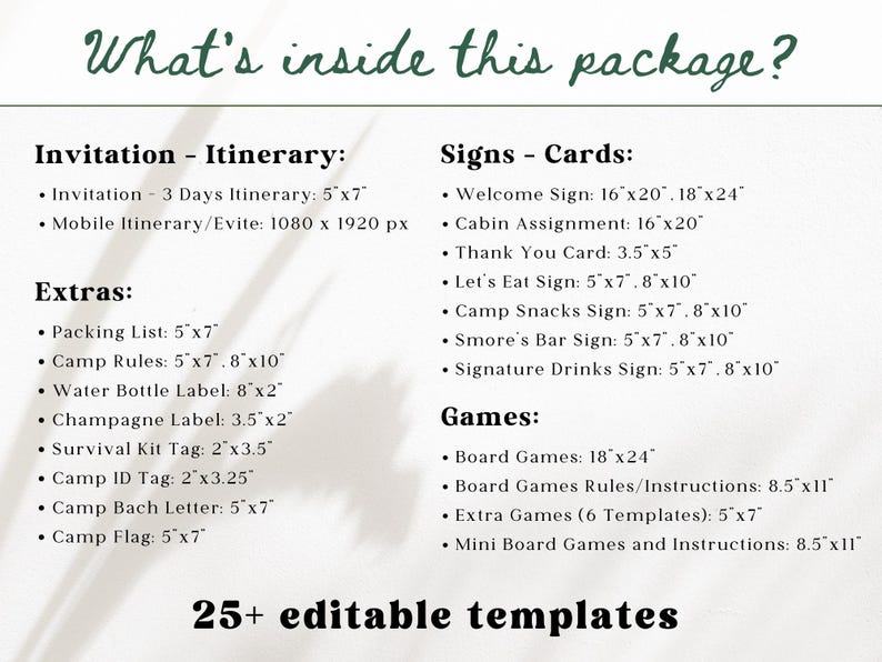 May include: A list of items included in a package, with the title "What's inside this package?" The list includes invitations, itineraries, signs, cards, extras, and games. The dimensions are listed in inches.