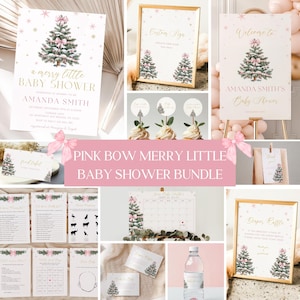 May include: A pink and gold baby shower bundle with a Christmas tree theme. The bundle includes invitations, a welcome sign, cupcake toppers, a diaper raffle sign, a game, and a water bottle label. The text on the invitation reads "a merry little baby shower" and "Amanda Smith".