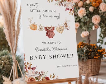Letrero de bienvenida de calabaza de otoño, póster de bienvenida editable para baby shower con ropa de lavandería, tablero de bienvenida para baby shower con ropa de niña de otoño