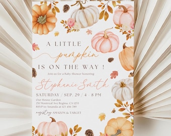 May include: A white card with a fall-themed baby shower invitation. The invitation features a watercolor illustration of pumpkins, leaves, and flowers. The text reads "A little pumpkin is on the way!" and includes the name "Stephanie Smith", the date "Saturday, September 29th", the time "4-8 PM", and the location "Our House Garden".