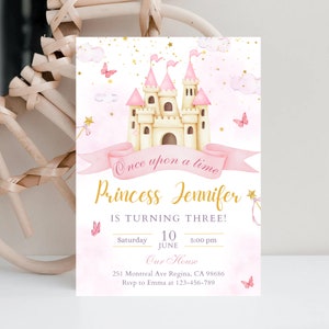 Bewerkbare roze prinsessenkasteelverjaardagsuitnodiging Charmante feestuitnodiging Prinsessenkasteel Leuke uitnodiging
