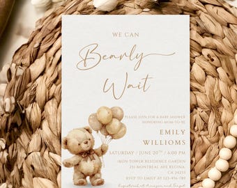 We Can Bearly Wait babyshower uitnodiging, genderneutrale teddybeer babyshower uitnodiging, boho bruine beer babyshower Evite