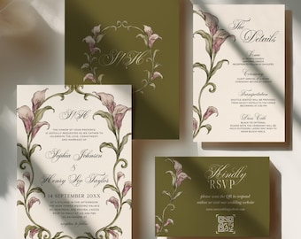 Botanical Vintage Frame Wedding Invitation Suite, Olive Green Calla Lily Wedding Invite, Luxury Wedding Stationery Set