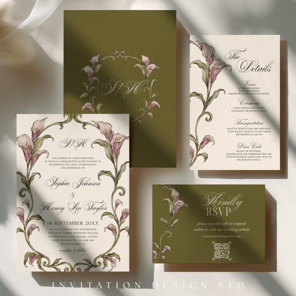 Botanical Vintage Frame Wedding Invitation Suite, Olive Green Calla Lily Wedding Invite, Luxury Wedding Stationery Set