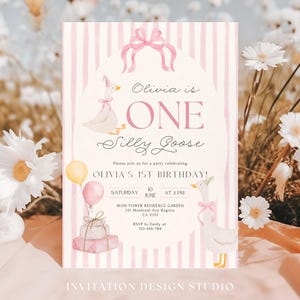One Silly Goose 1st Birthday Invitation, Girl One Silly Goose Birthday Invite Template, Pink Bow Goose Theme Birthday Decor