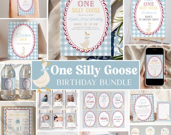 Boy One Silly Goose 1st Birthday Invitation Bundle, Blue Silly Goose First Birthday Party Set, One Year Old Birthday Baby Package