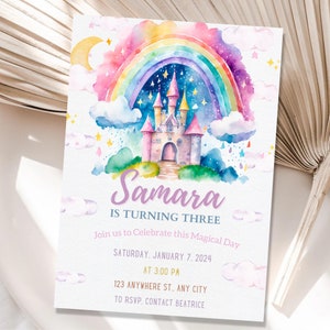 Invitation d’anniversaire de château de princesse modifiable Invitation de princesse de château arc-en-ciel Invitation de fête magique Invitation enchanteresse