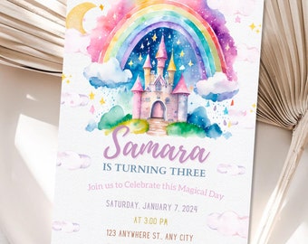Editable Princess Castle Birthday Invitation Rainbow Castle Princess Invitation Magical Party Invite Enchanting Invite