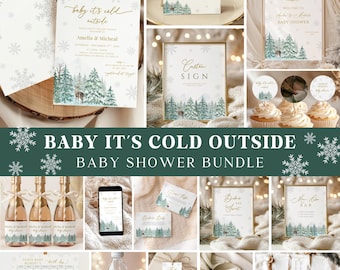 May include: A baby shower stationery bundle featuring a winter theme with snowflakes, pine trees, and deer illustrations. The set includes invitations, signs, tags, and labels with gold text reading Baby It's Cold Outside and other event details.