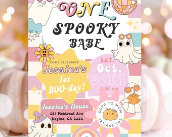 May include: A pink and yellow invitation with a ghost and a rainbow. The invitation says "One Spooky Babe" and "Jessica's 1st Boo-day!" The date is Saturday, October 20th at 3:00 pm. The address is Jessica's House, 251 Montreal Ave, Ragina, GA 2332. The RSVP number is 123-456-789.