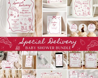 Special Delivery Baby Shower Bundle, Whimsical Hand Drawn Italian Pizza Baby Shower Invitation Bundle, Slice Slice Baby Decorations