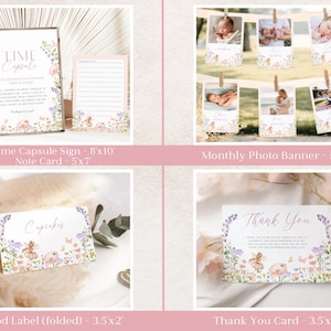 Pode incluir: Uma cole&ccedil;&atilde;o de artigos de papelaria para festas com tema floral e borboletas. Inclui um letreiro de c&aacute;psula do tempo, um cart&atilde;o de notas, um banner de fotos mensal, um r&oacute;tulo de comida e um cart&atilde;o de agradecimento. A paleta de cores &eacute; suave, com rosas, roxos e verdes.