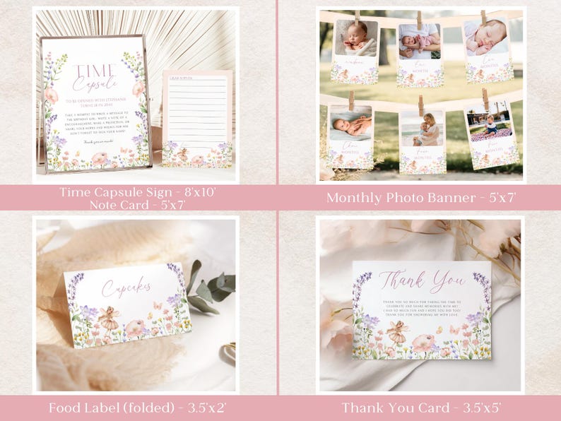 Pode incluir: Uma cole&ccedil;&atilde;o de artigos de papelaria para festas com tema floral e borboletas. Inclui um letreiro de c&aacute;psula do tempo, um cart&atilde;o de notas, um banner de fotos mensal, um r&oacute;tulo de comida e um cart&atilde;o de agradecimento. A paleta de cores &eacute; suave, com rosas, roxos e verdes.