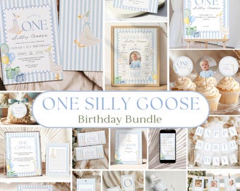 One Silly Goose 1st Birthday Bundle, Editable Blue Silly Goose First Birthday Package, Boy Goose Birthday Party Decorations