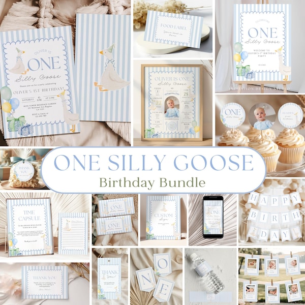 One Silly Goose 1st Birthday Bundle, Editable Blue Silly Goose First Birthday Package, Boy Goose Birthday Party Decorations