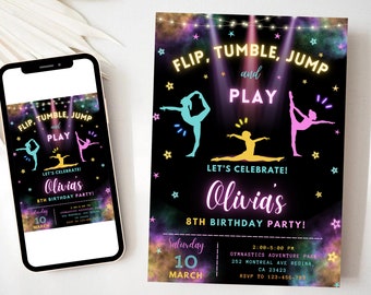 Editable Gynmastic Birthday Invitation Neon Gymnastic Invite Girl Jump Party Black Gymnastic Invitation