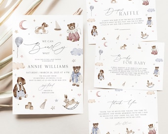 We Can Bearly Wait Baby Shower Invite Set, Vintage Teddy Bear Baby Shower Suite, Gender Neutral Diaper Raffle Ticket