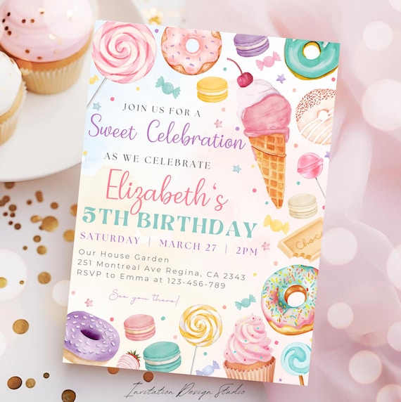 Editable Sweet Celebration Birthday Invitation Blush Pink Candyland Invitation Sweet Candy Party Invitation