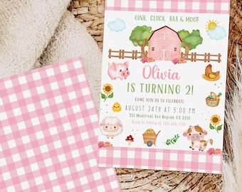 Pink Farm Animals Birthday Invitation Editable Farm Animals Invite Girl Farm Birthday Party Invitation