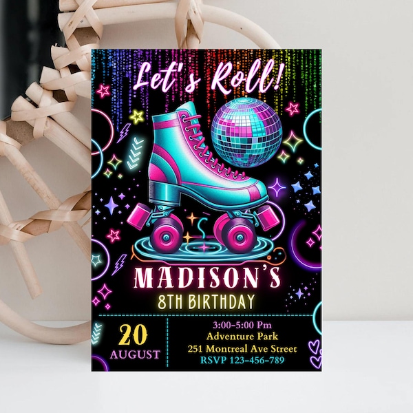 Glow Roller Skate Birthday Invitation Roller Skate Party Neon Invitation Disco Party Invite