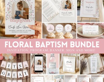 Pink Girl Baptism Program Bundle, LDS Girl Christening Invite Bundle, Wildflower Arch Baptism Decoration with Photo