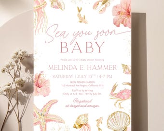 Invitación para baby shower de niña en rosa y dorado "Sea You Soon", invitación para fiesta de baby shower con temática de conchas marinas y playa.