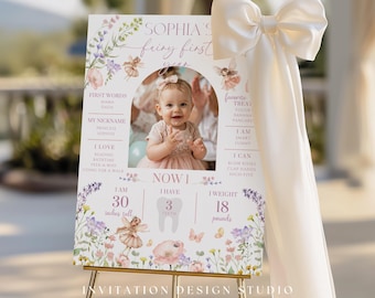 Fairy First Birthday Milestone Board, Fairy Birthday Party Girl Baby Milestone Poster, 1st Year Milestone Sign, Fairy Wings Photo Poster