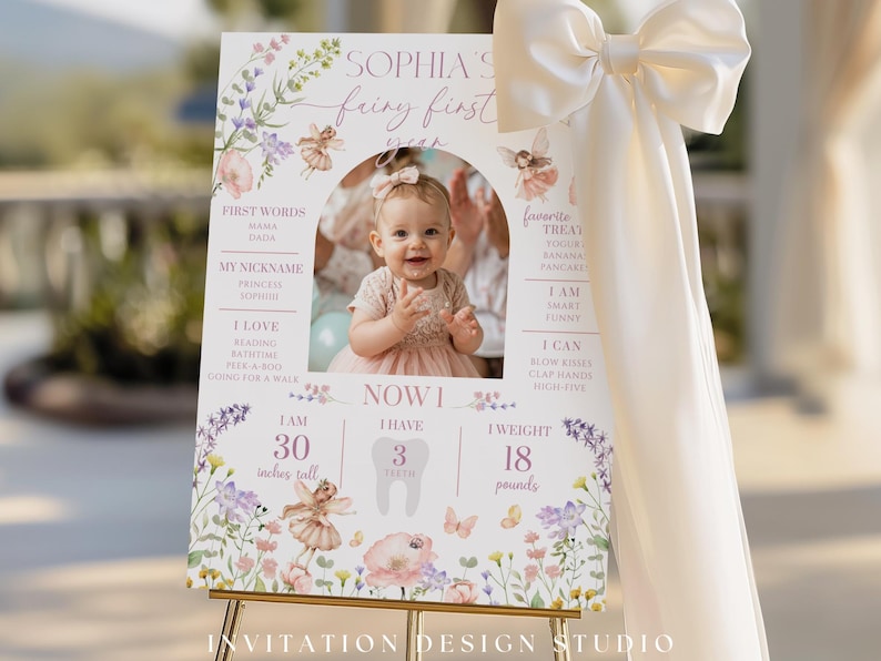 May include: A personalized first birthday sign featuring a photo of a baby girl. The sign includes the text "Sophia's fairy first year" with details like height (30 inches), weight (18 pounds), and favorite things. The sign is decorated with floral and fairy illustrations.