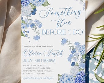 Faire-part de douche nuptiale quelque chose de bleu avant que je fasse, invitation de douche de mariage d'hortensia bleu poussiéreux, modèle floral de brunch de mariée