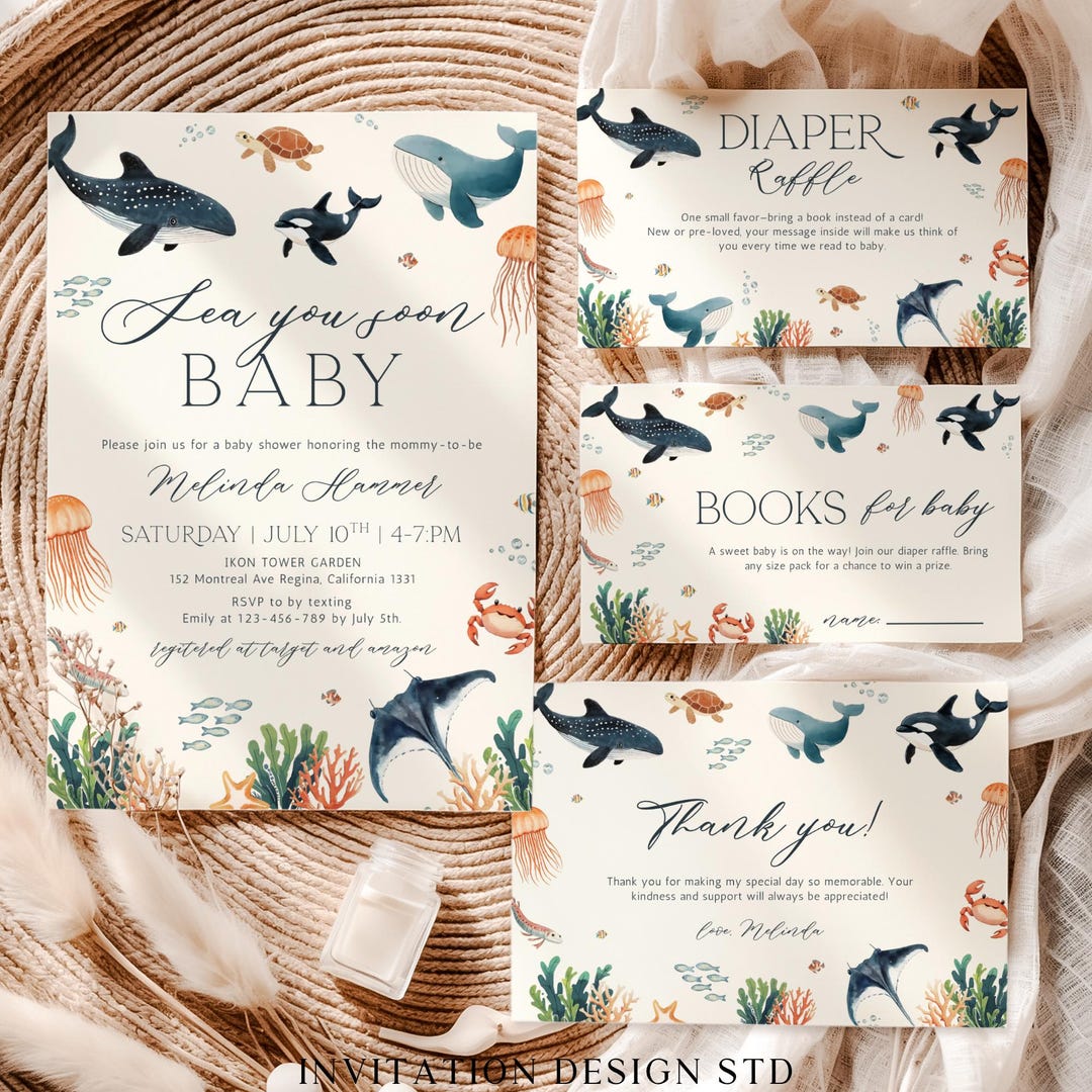 Ocean Baby Shower Invitation Suite, Sea You Soon Baby Sprinkle Invite ...