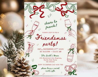 Friendsmas Christmas Party Invitation, Editable Hand Drawn Christmas Invite, Girlfriend Xmas Holiday Party Invitation Template