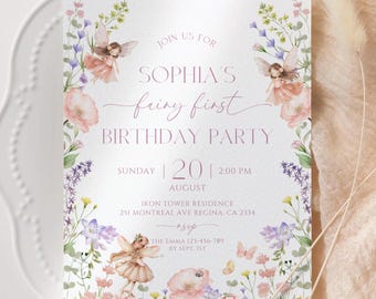 Invitación para el primer cumpleaños de una hada. Invitación al jardín encantado. Invitación de cuento de hadas. Invitación para el primer cumpleaños de una hada.