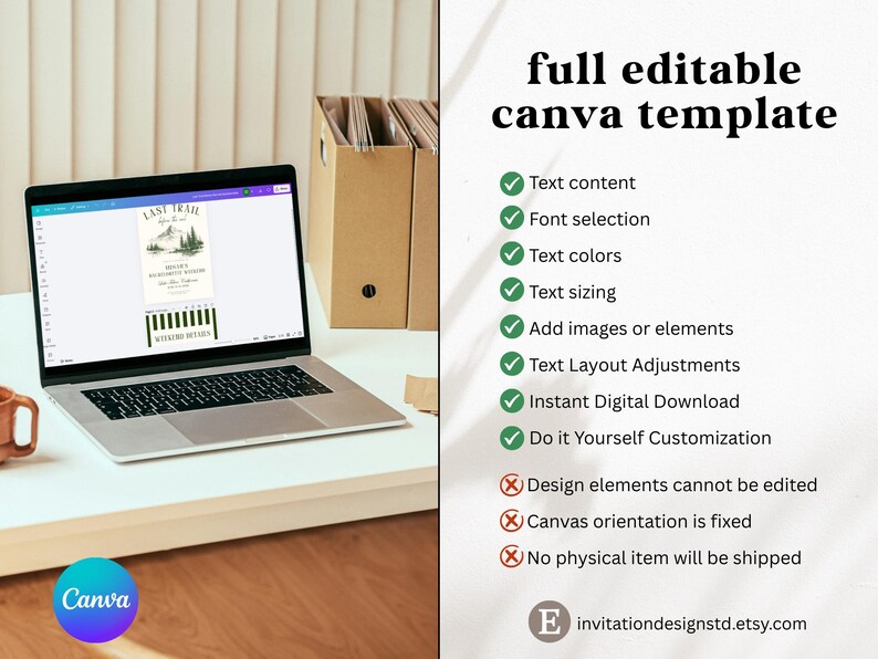 May include: A laptop displays a digital invitation template with the text "Last Trail". The image highlights features like text content, font selection, and text colors. The template is fully editable in Canva.