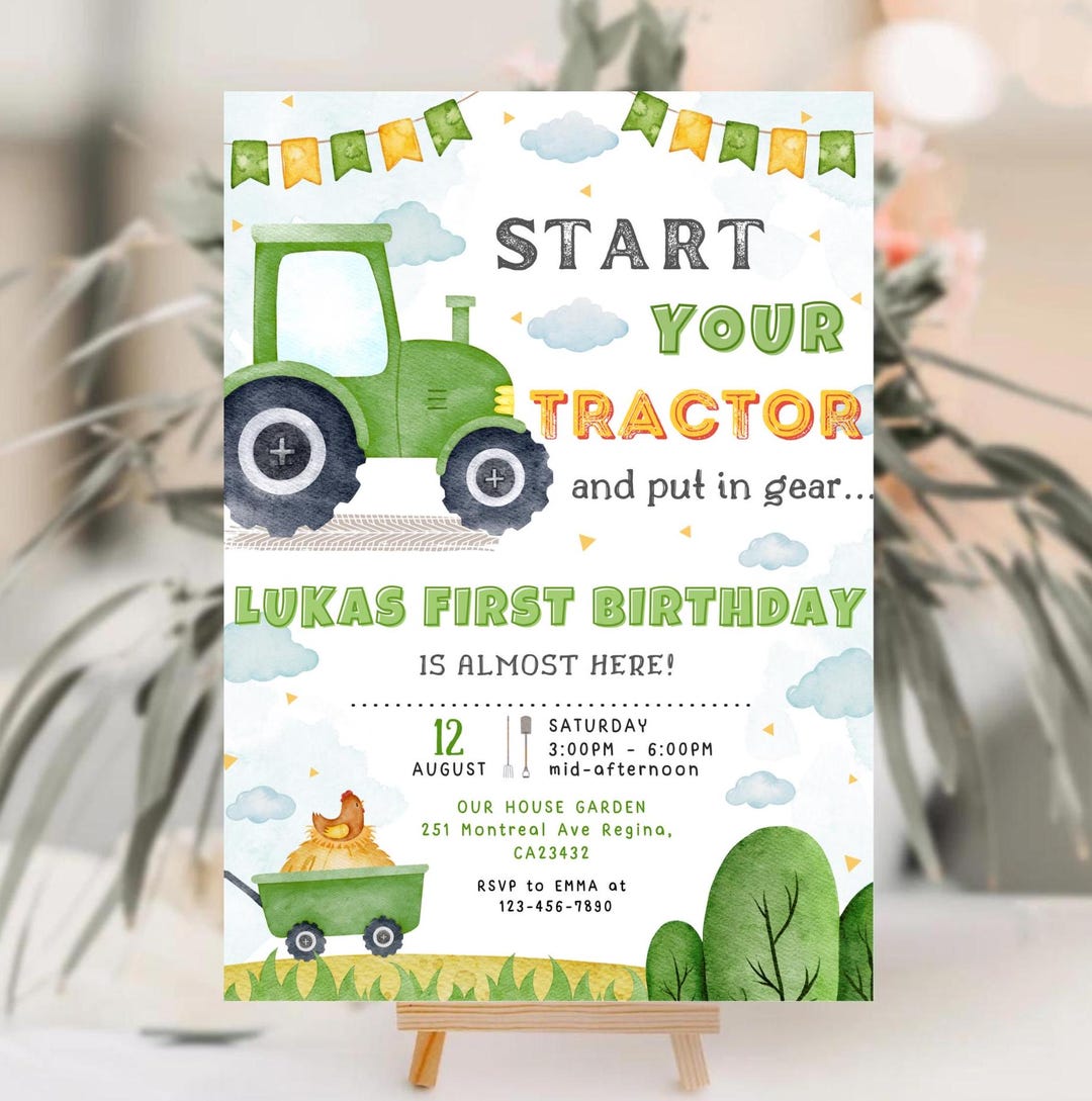 Editable Green Tractor Birthday Invitation Green Tractor Party Farm ...