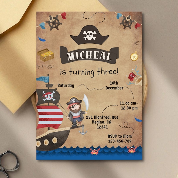 Invitation à thème pirate modifiable - Invitation à thème pirate pour enfants Invitation à une carte au trésor de fête à thème pirate