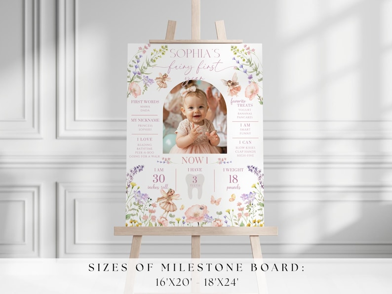 May include: A milestone board on an easel, featuring a photo of a baby girl. The board is decorated with floral and fairy illustrations, and includes the text "Sophia's fairy first year." The board also includes the baby's height of 30 inches and weight of 18 pounds.