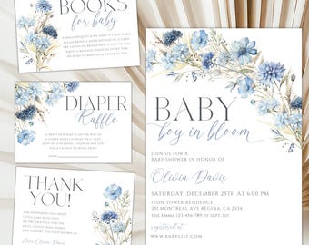 Boy Baby in Bloom Baby Shower Set, Dusty Blue Flowers Baby Shower Invitation Bundle, Boy Baby in Bloom Baby Shower Pack