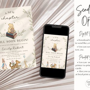 May include: A Winnie the Pooh themed baby shower invitation with a cream background and green foliage. The invitation reads "A New Chapter Will Soon Begin!" and includes the name "Emily Robert".