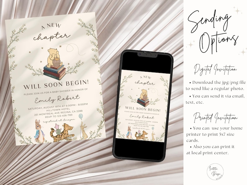 May include: A Winnie the Pooh themed baby shower invitation with a cream background and green foliage. The invitation reads "A New Chapter Will Soon Begin!" and includes the name "Emily Robert".