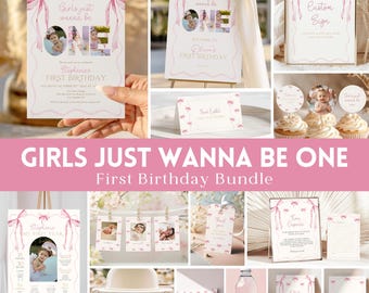 May include: A collection of pink and white first birthday party decorations. The set includes invitations, signs, cupcake toppers, and a banner. The text "Girls Just Wanna Be One" is displayed prominently.