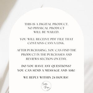 May include: A digital product announcement with the text "This is a digital product. No physical product will be mailed. You will receive PDF file that contains Canva link. After purchasing, you can find the product in the purchases and reviews section on Etsy. Do you have any questions? You can send a message and ask! We reply within 24 hours!"