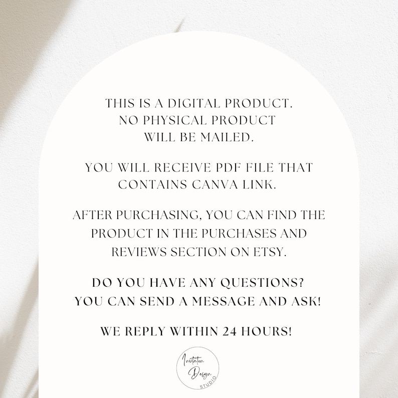 May include: A digital product announcement with the text "This is a digital product. No physical product will be mailed. You will receive PDF file that contains Canva link. After purchasing, you can find the product in the purchases and reviews section on Etsy. Do you have any questions? You can send a message and ask! We reply within 24 hours!"