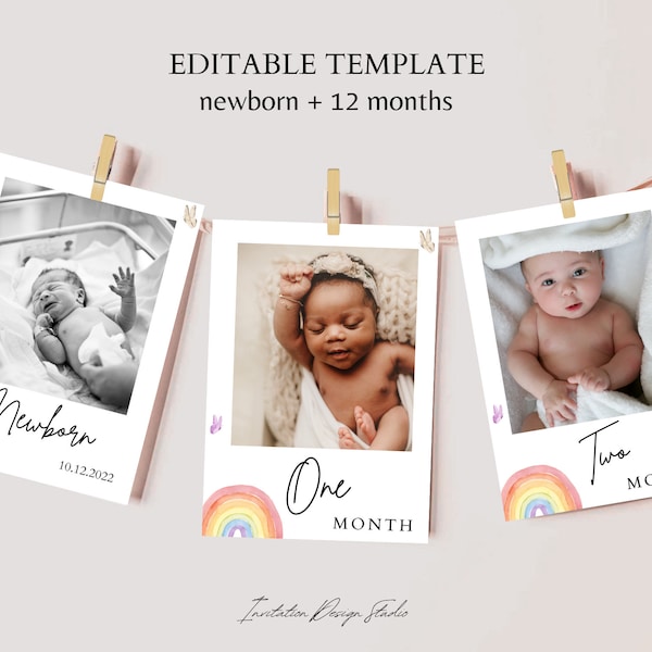 Editable Pastel Rainbow Monthly Photo Banner - Customizable Monthly Milestone Banner for Boho First Birthday