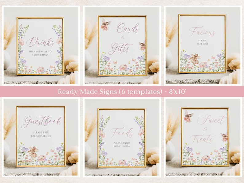 Pode incluir: Seis placas emolduradas com bordas douradas, apresentando ilustra&ccedil;&otilde;es florais e de fadas. As placas dizem "Drinks", "Cards & Gifts", "Favors", "Guestbook", "Foods" e "Sweet & Treats". O texto "Ready Made Signs (6 templates) - 8'x10'" tamb&eacute;m est&aacute; presente.