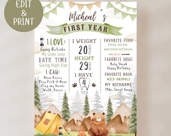 May include: A green and brown illustrated poster with a bear and a tent. The poster says "Micheal's First Year" and includes details about the child's first year, such as weight, height, favorite foods, and songs.