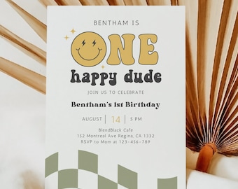 Editable One Happy Dude Birthday Invitation Smiley Face Birthday Invitation Happy Dude 1st Birthday Invite