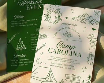 Camp Bachelorette Itinerary Template, Girls Trip Weekend Bachelorette Invitation, Travel Itinerary Glamping Party