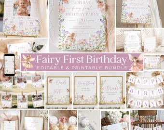 Fairy First Birthday Invitation Bundle, Enchanted Garden Fairy 1st Birthday Invite, Fairy Birthday Decorations Set, Wildflower Birthday