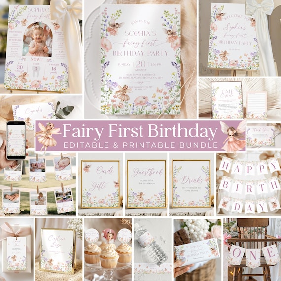 Fairy First Birthday Invitation Bundle, Enchanted Garden Fairy 1st Birthday Invite, Fairy Birthday Decorations Set, Wildflower Birthday
