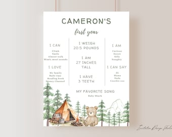 May include: A personalized first-year milestone poster with the name "Cameron's" at the top. The poster includes details such as weight (20.5 pounds), height (27 inches), and favorite song "Baby Shark". It features a watercolor illustration of a tent, trees, and a teddy bear.